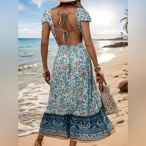 Backless Slit Printed Short Sleeve Dress